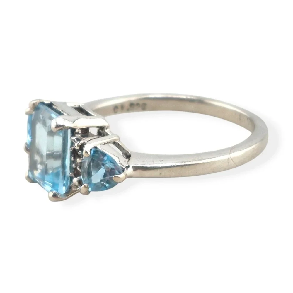 Art Deco Sterling Silver Blue Topaz CZ Three Stone Emerald Cut Ring Size 7.25